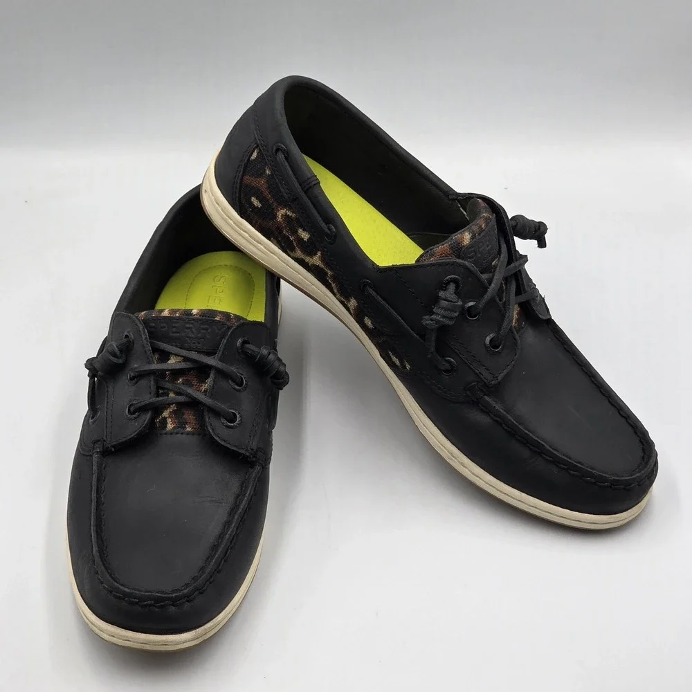 Sperry Songfish Boat Shoes Womens 9.5 Black Leopard Nubuck Leather Lace Up